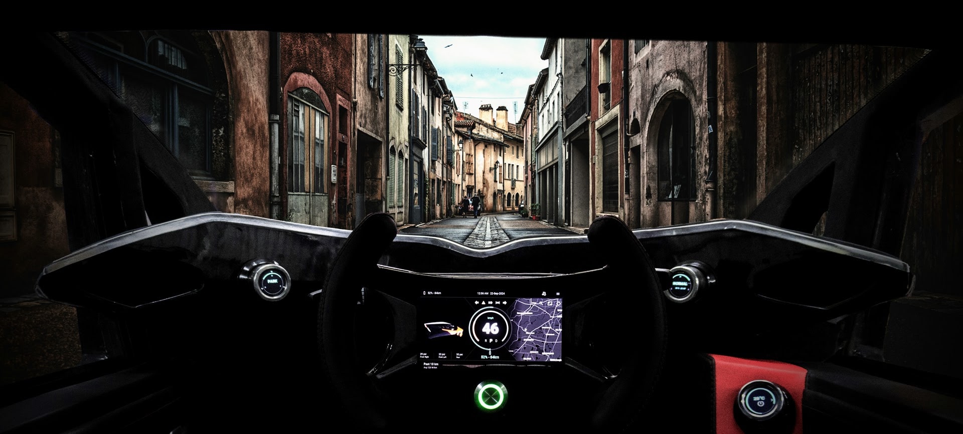 Interior of BadBoy Supertrike showcasing center-seat driving and F1-inspired cockpit layout.